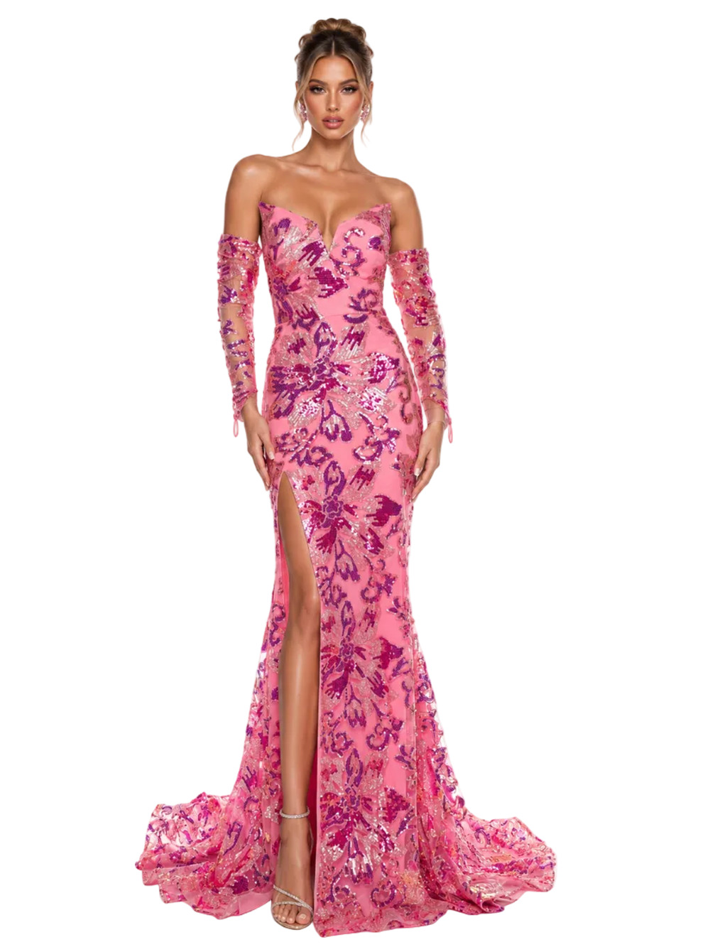 Portia & Scarlett PS24319 Pink Lace Sequin Evening Gown – Size 10 / Large